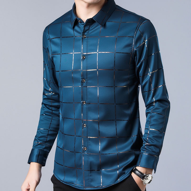 2019 brand casual spring luxury plaid long sleeve slim fit men shirt
