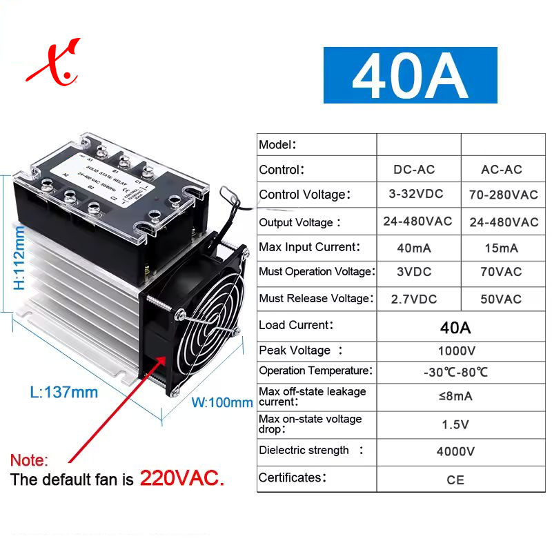 SSR 24-480V AV/PÅ 10-200A DC-AC, AC-AC