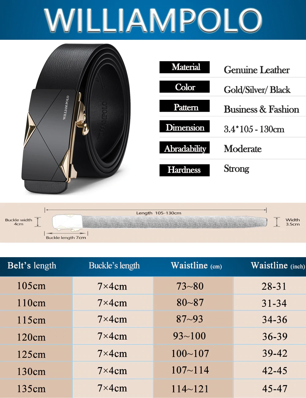 WILLIAMPOLO Fashion Men Leather Belts Solid Buckle