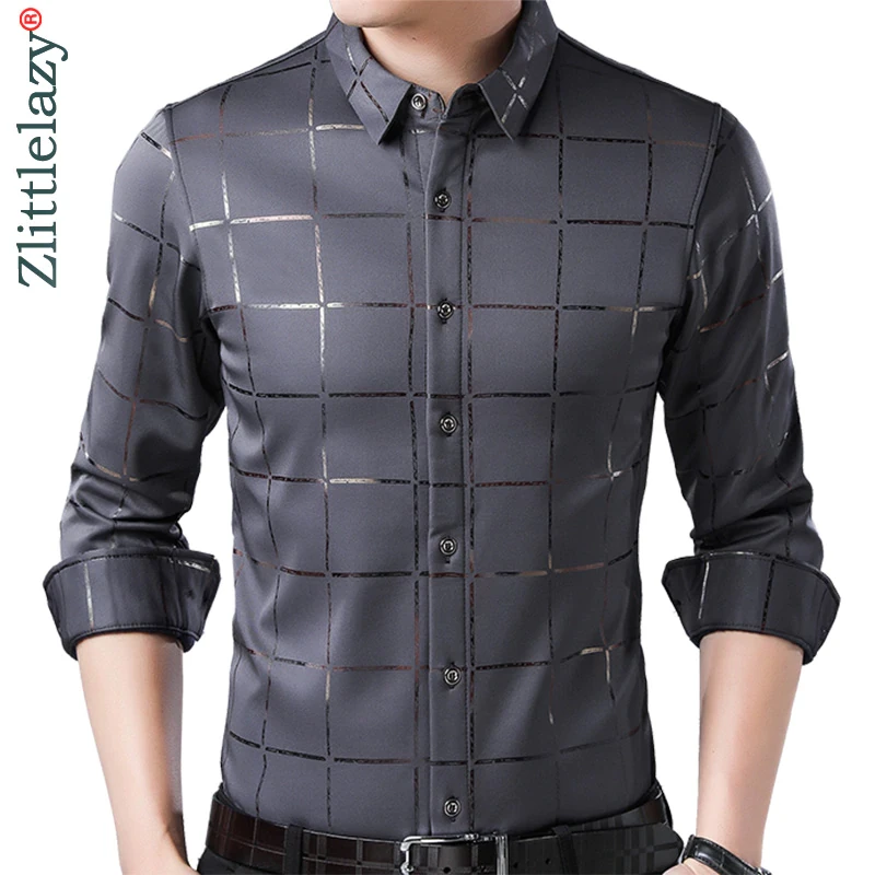 2019 brand casual spring luxury plaid long sleeve slim fit men shirt