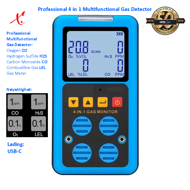 H2S + Professionell 4 in 1 Gass Detektor m/lyd og lys. Oppladbar.